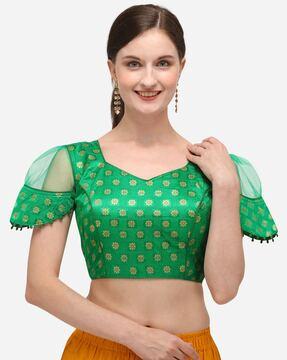 back-open padded blouse with woven motifs