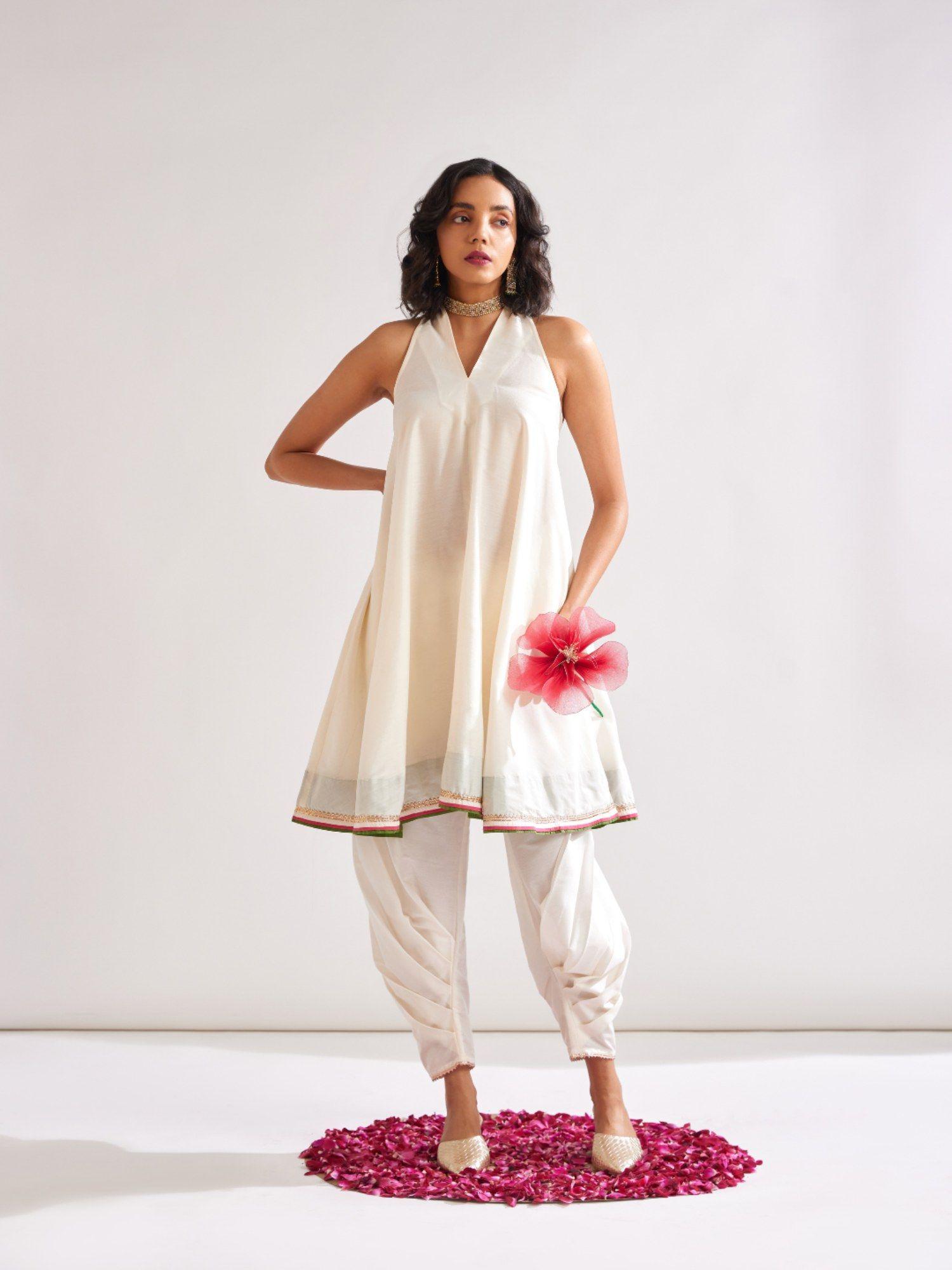 back overlap halter neck kurta - ivory