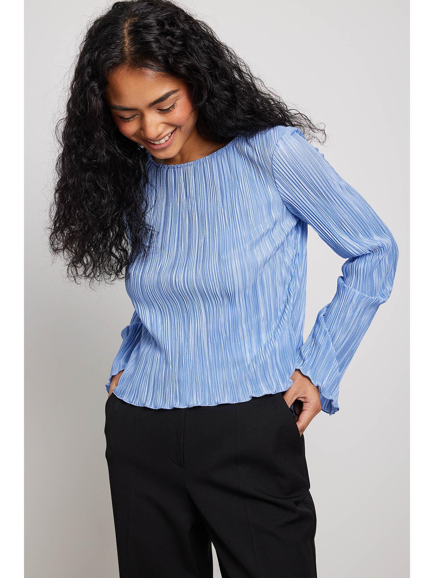 back tie strap long sleeve top - light blue