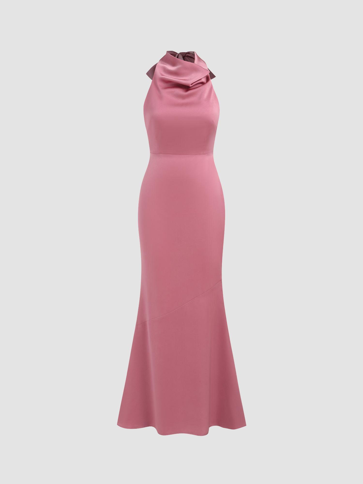 backless halter satin maxi dress