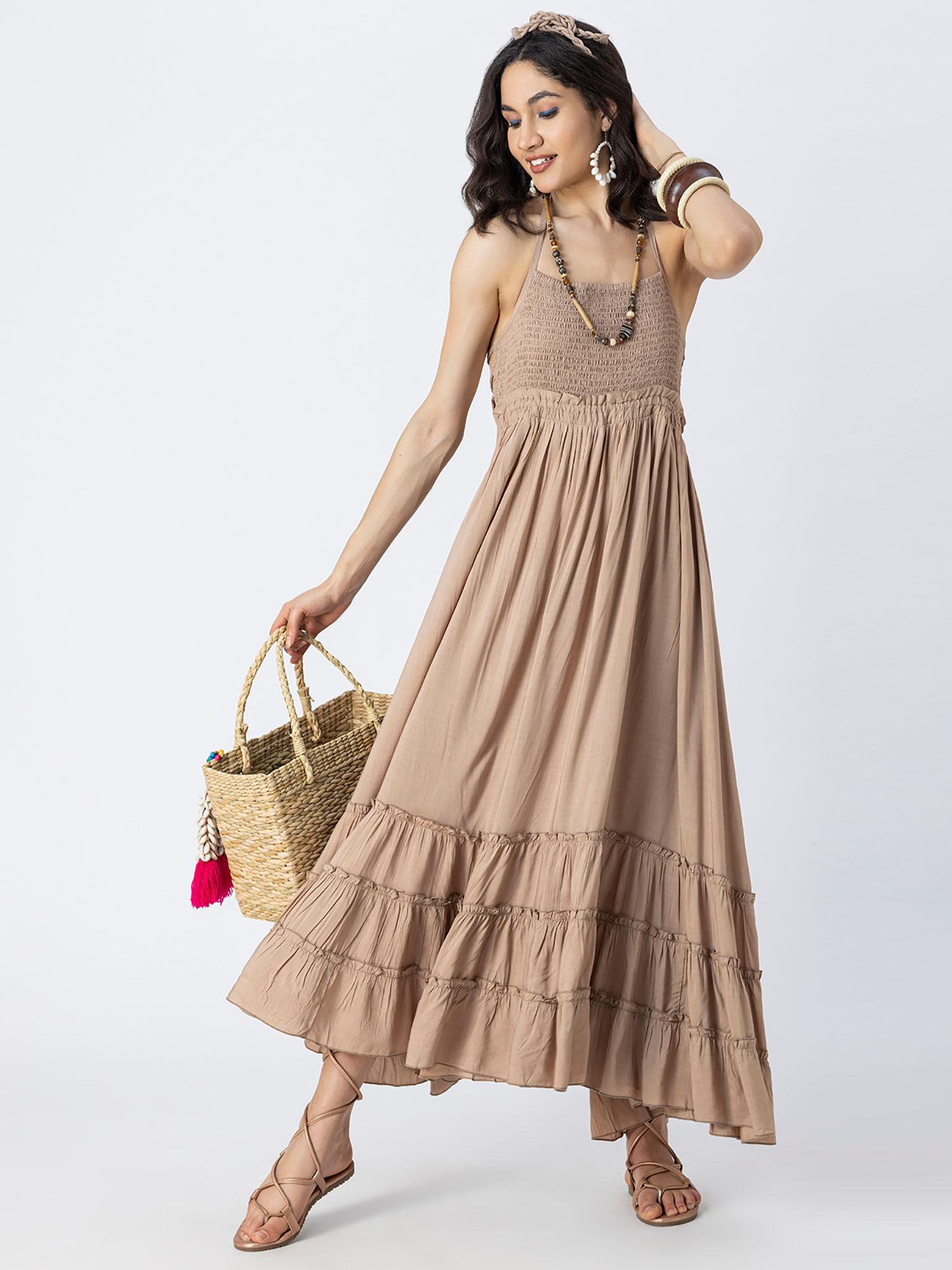 backless style maxi tiered beige dress