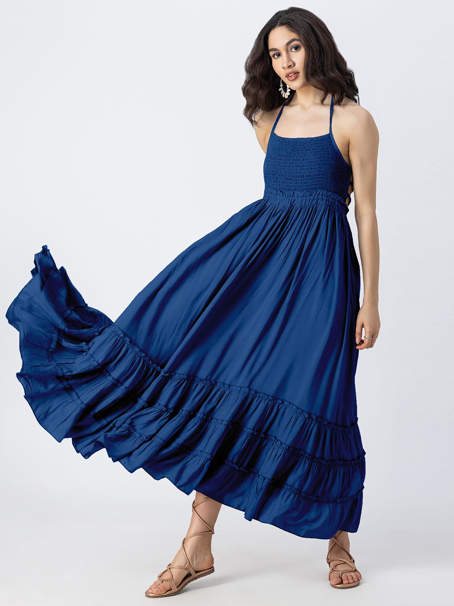 backless style maxi tiered blue dress