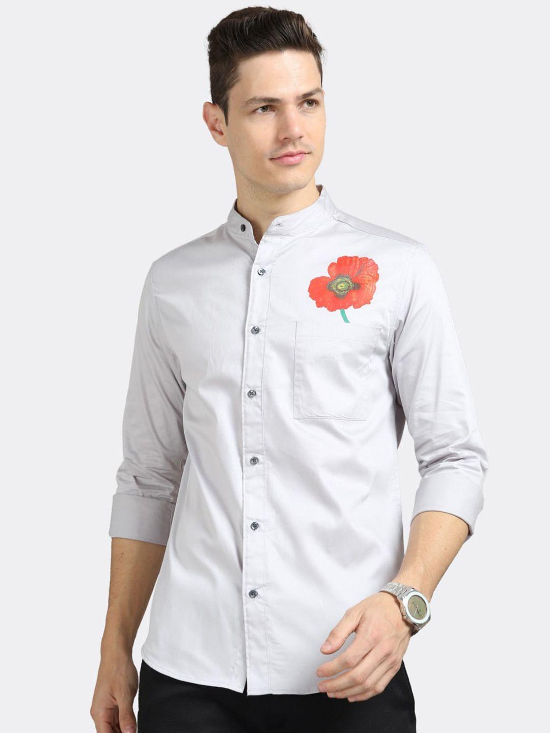 badmaash graphic printed mandarin collar slim fit opaque cotton casual shirt