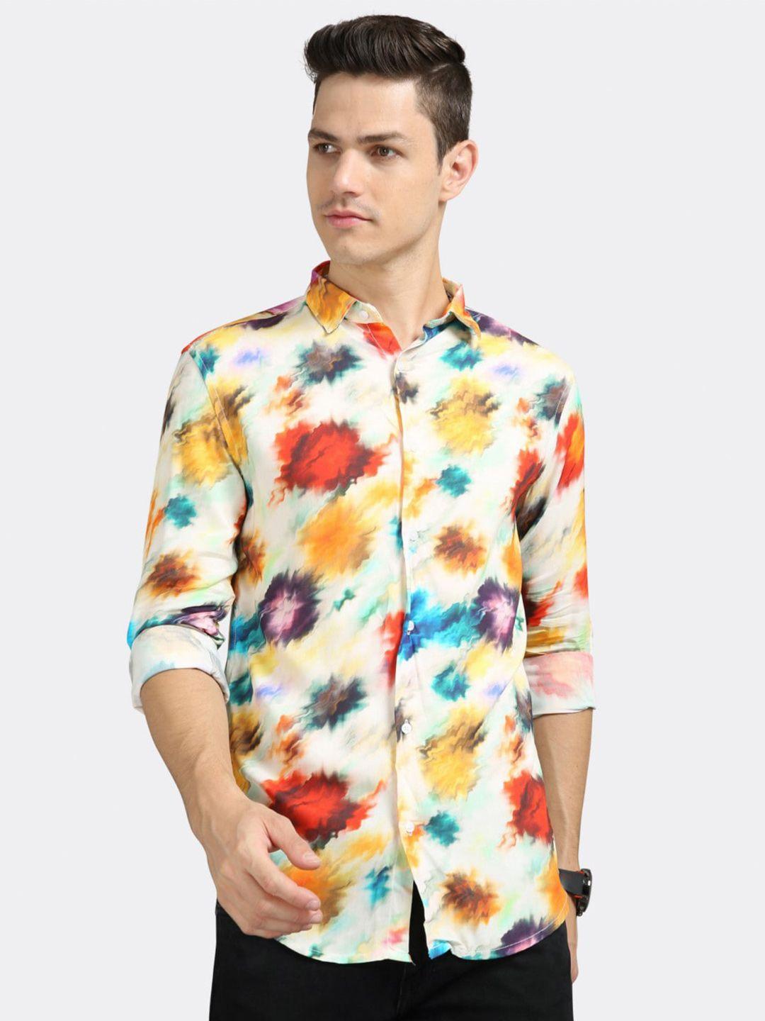 badmaash slim fit abstract printed spread collar casual shirt