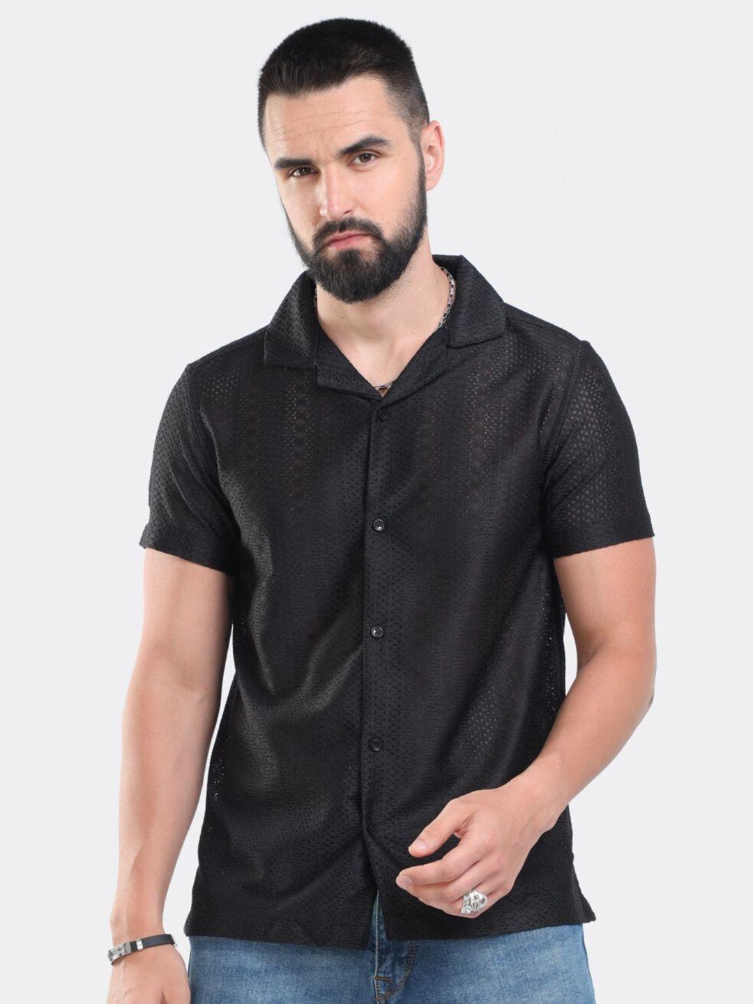 badmaash slim fit geometric self design cuban collar pure cotton casual shirt