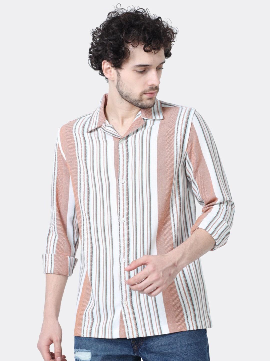 badmaash slim fit vertical striped spread collar casual pure cotton shirt