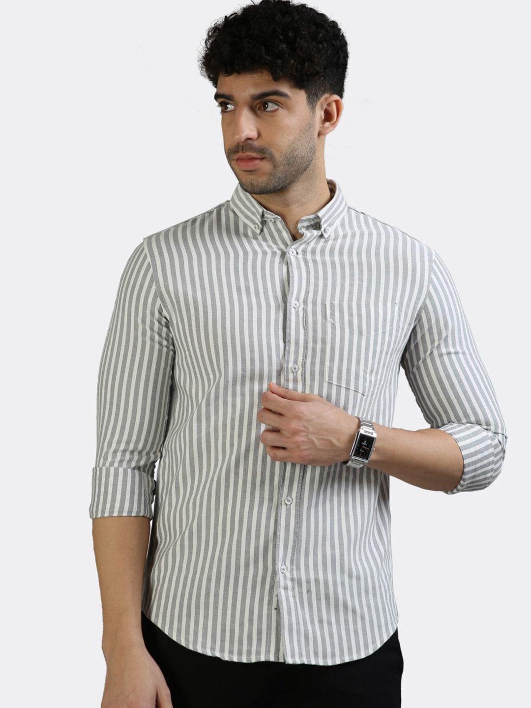badmaash slim fit vertical stripes button-down collar cotton casual shirt