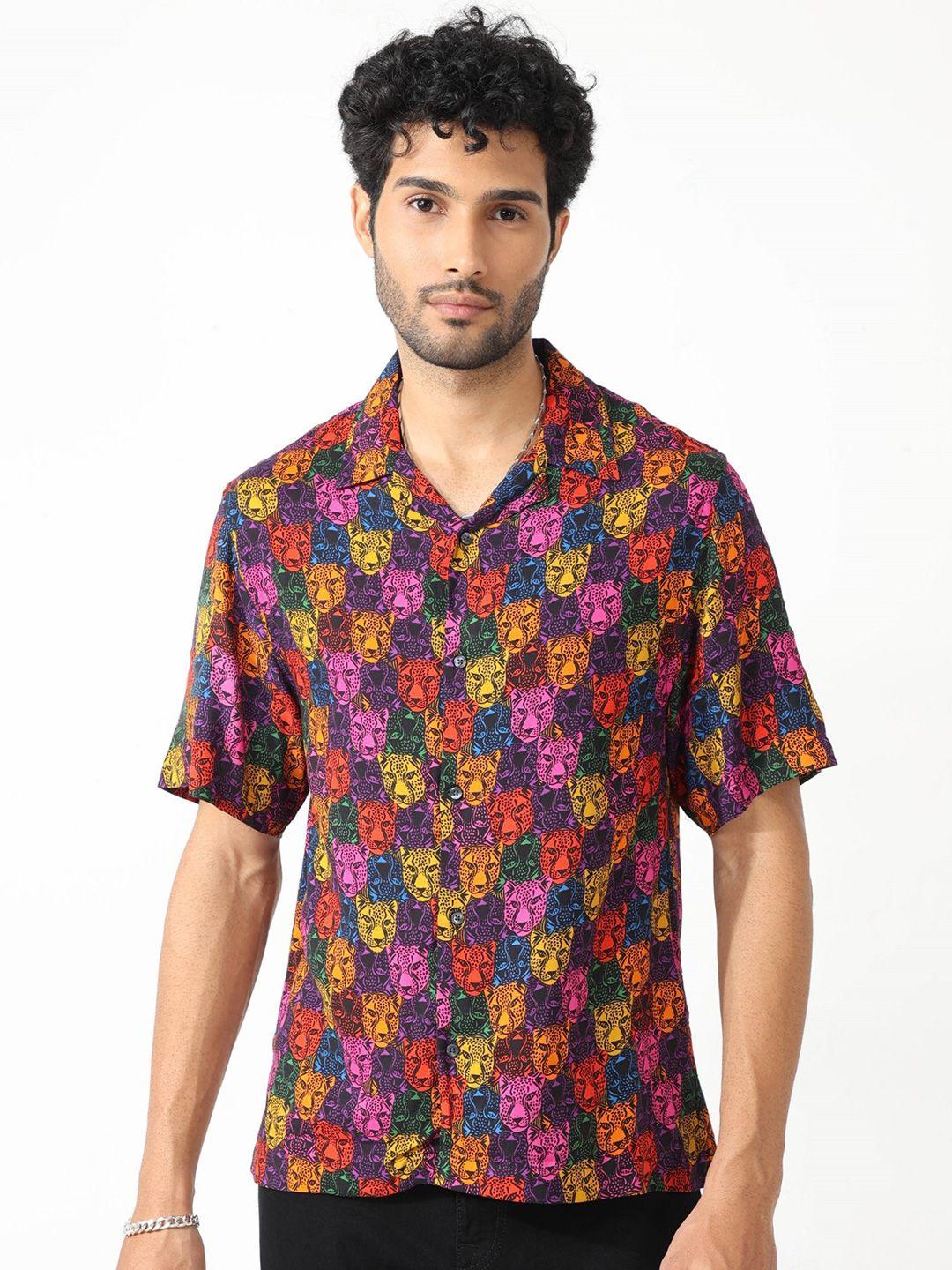 badmaash conversational printed spread collar slim fit cotton casual shirt