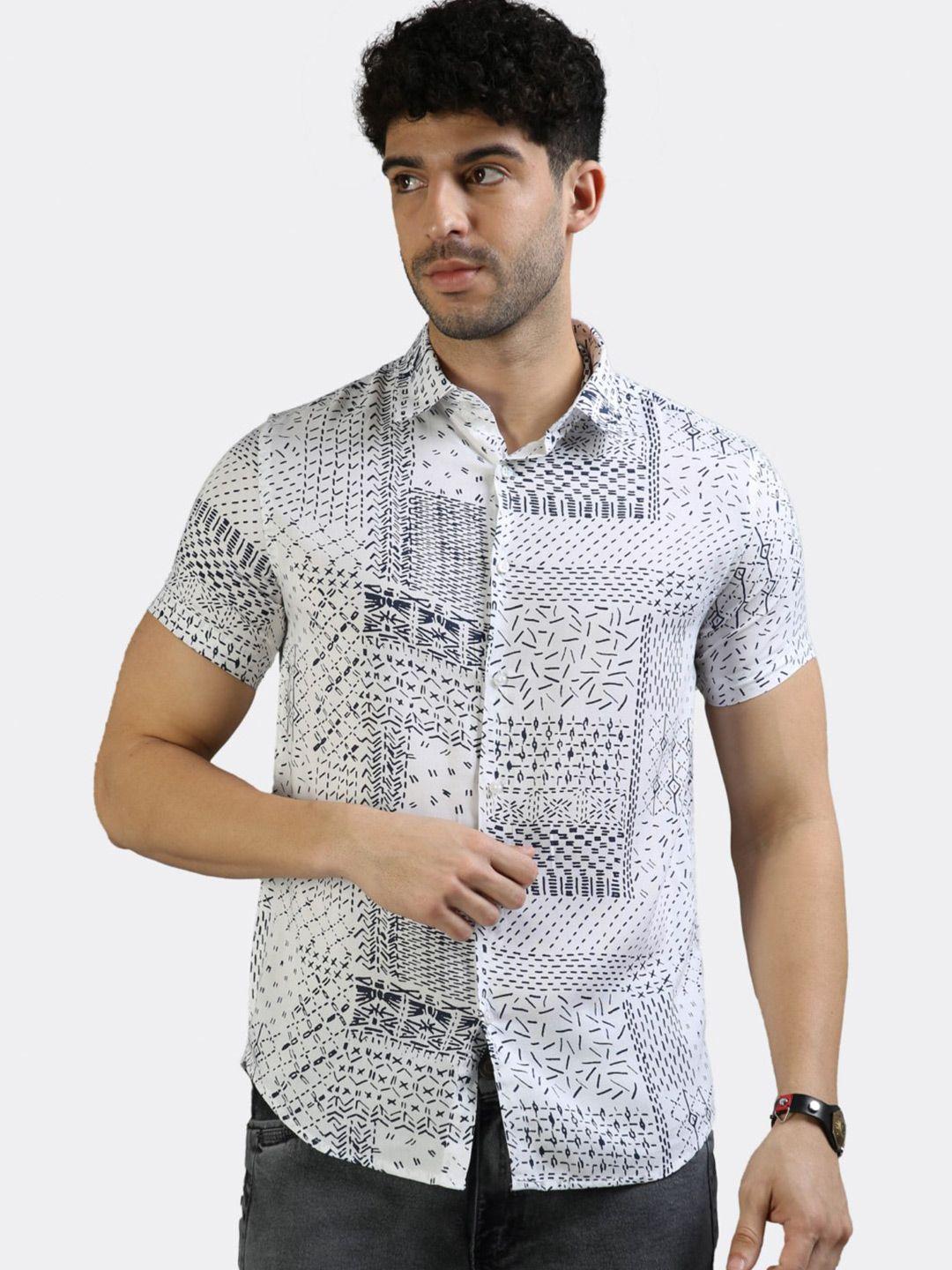 badmaash slim fit abstract printed spread collar casual shirt