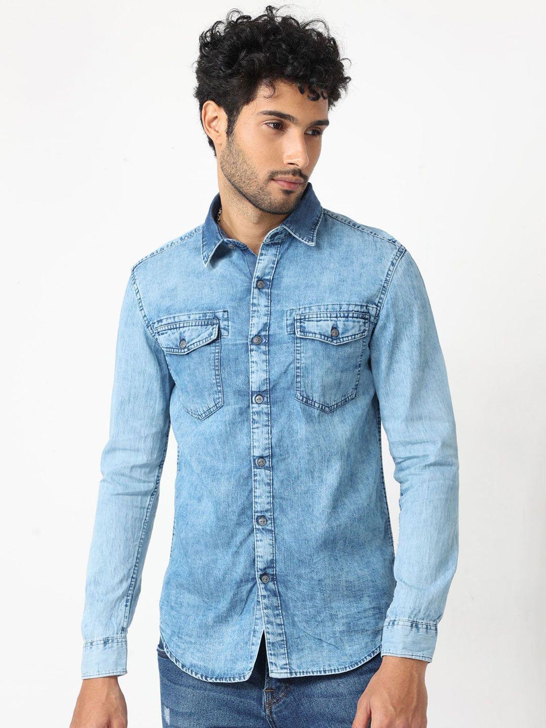 badmaash slim fit faded cotton denim casual shirt