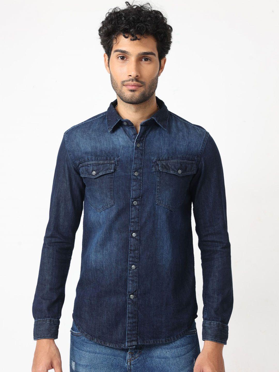 badmaash slim fit faded cotton denim casual shirt