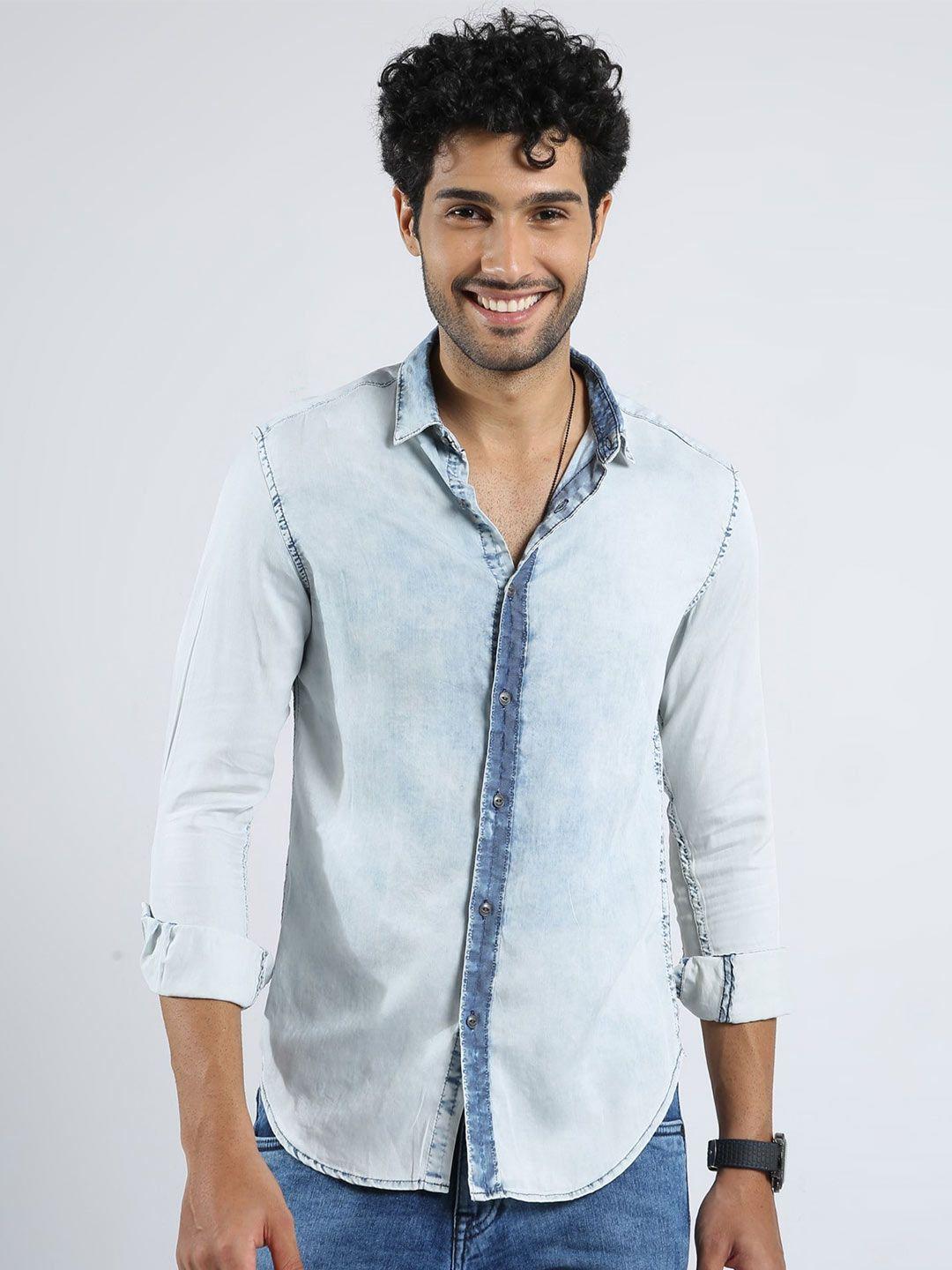 badmaash slim fit faded cotton denim casual shirt