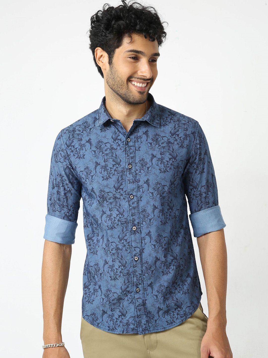 badmaash slim fit floral printed cotton denim casual shirt