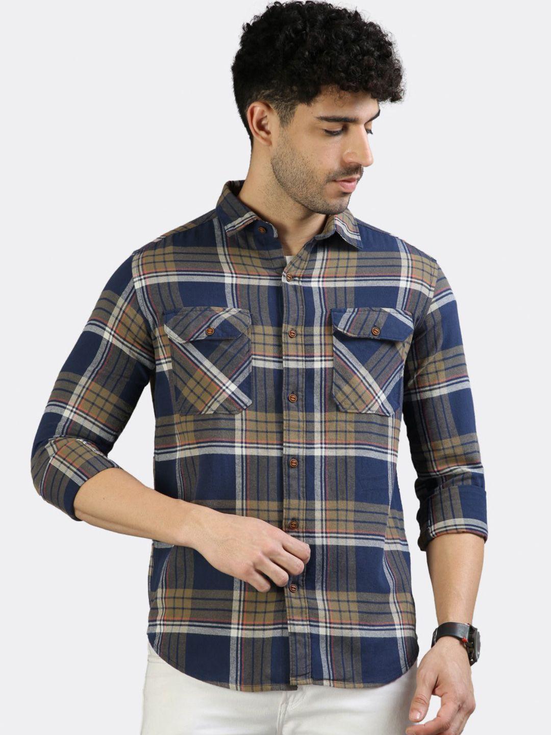 badmaash slim fit tartan checked pure cotton casual shirt