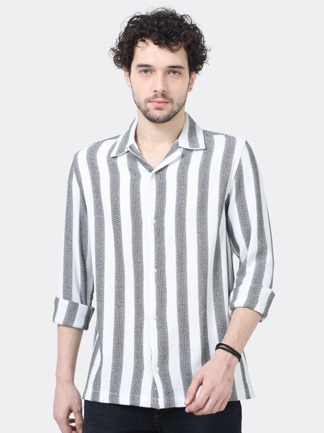 badmaash slim fit vertical stripes cuban collar long sleeves cotton casual shirt