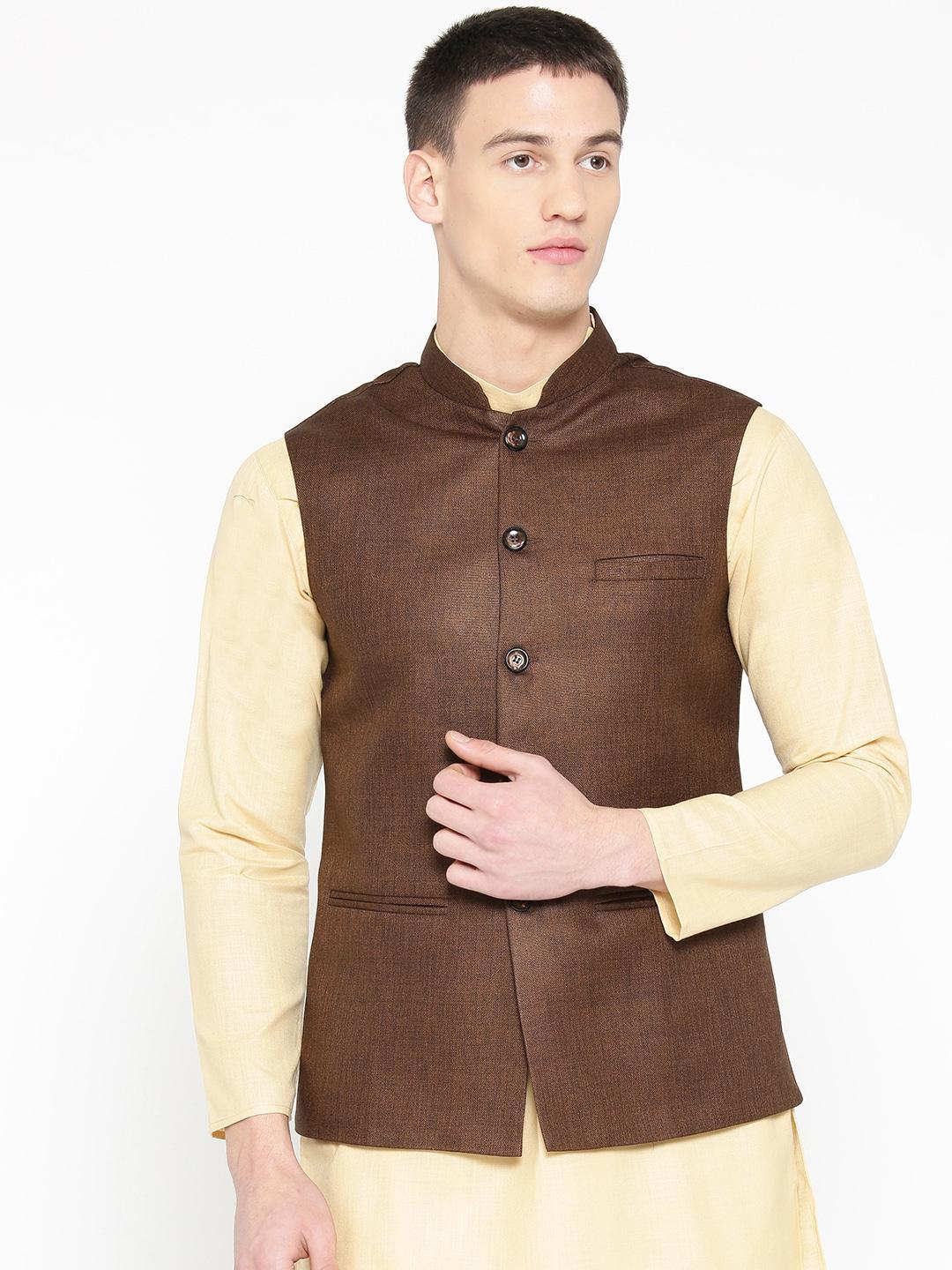 badoliya & sons men brown solid nehru jacket