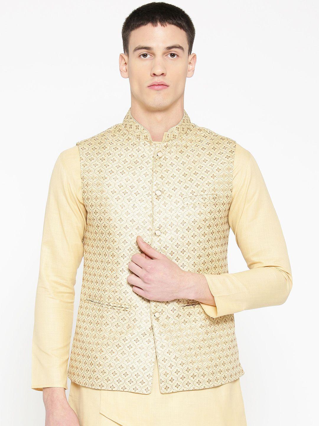 badoliya & sons men cream-coloured & brown zari woven design nehru jacket