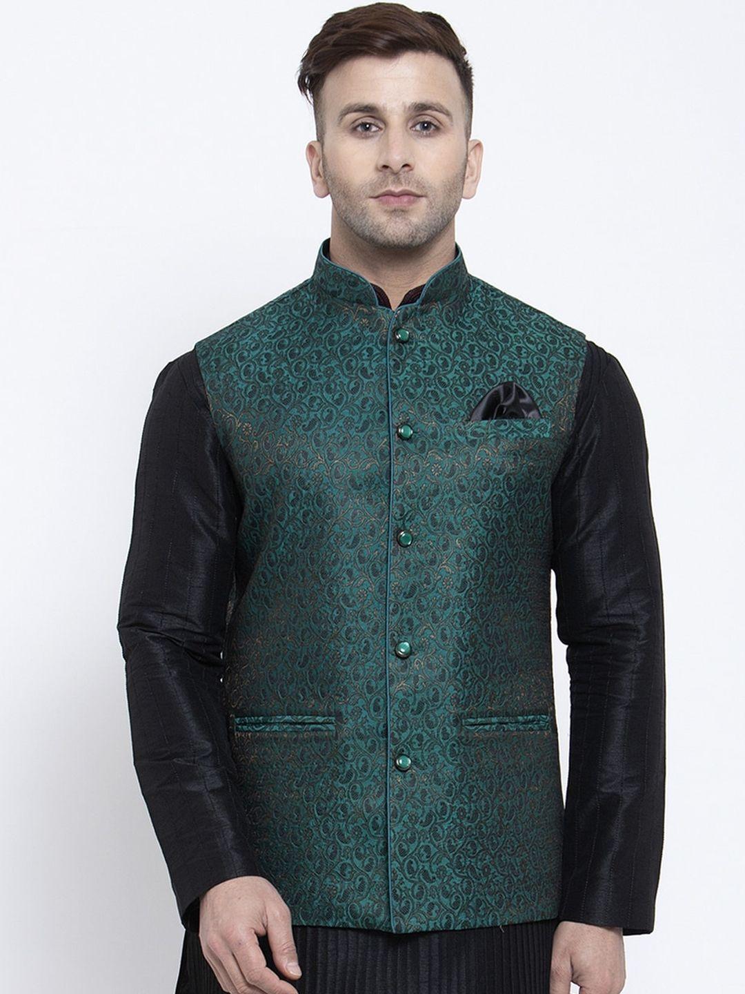 badoliya & sons men green & black woven design nehru jacket