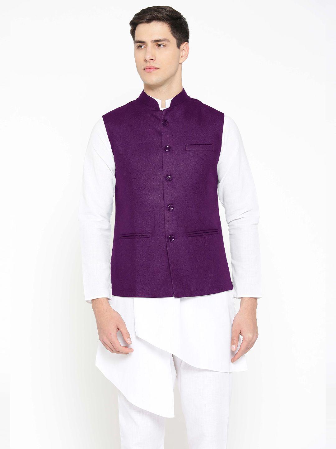 badoliya & sons men purple solid jute nehru jacket