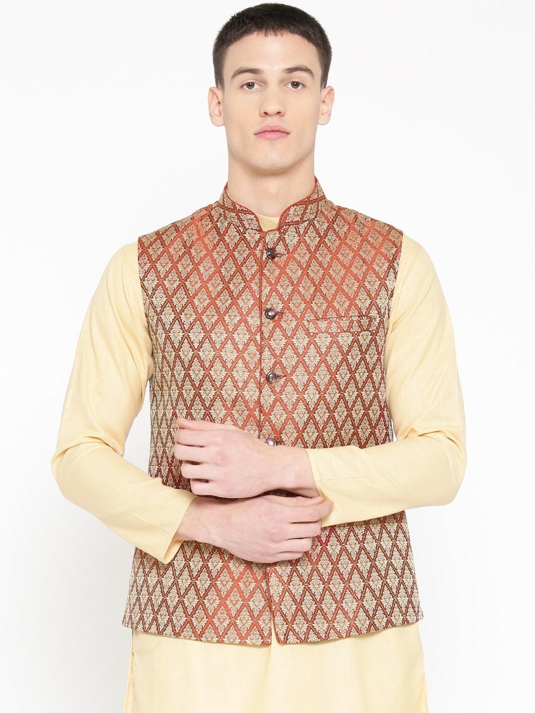 badoliya & sons men red & golden zari woven design nehru jacket