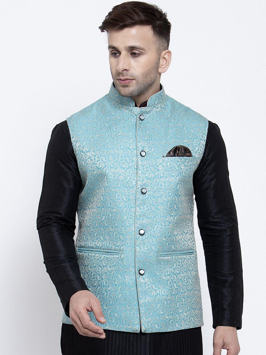 badoliya & sons men turquoise blue & off-white woven design nehru jacket
