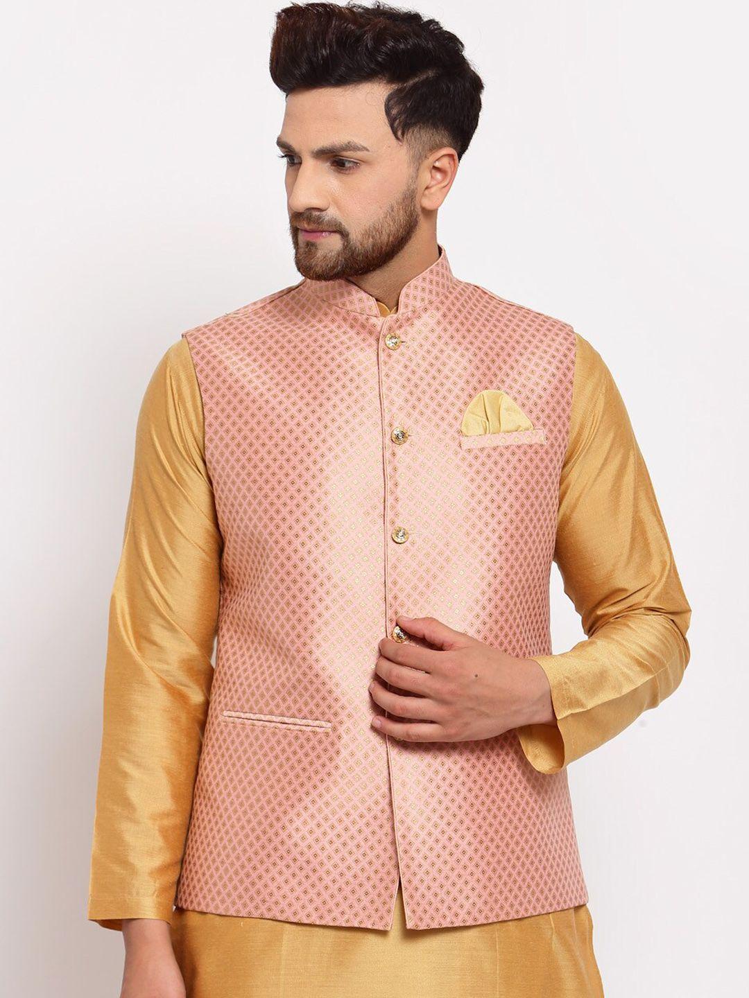 badoliya & sons men pink & gold-coloured woven design nehru jacket