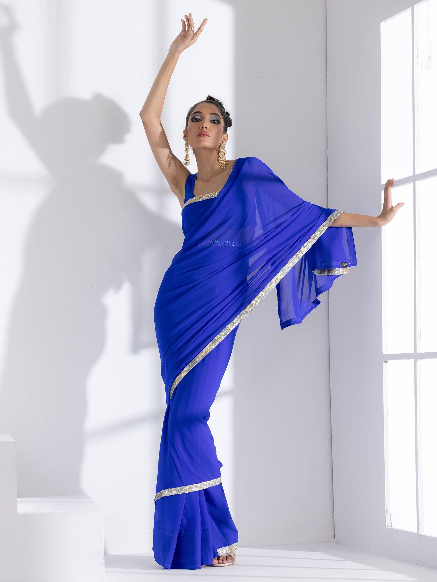 badtameez blue georgette saree with lace & posh unstitched blouse fabric