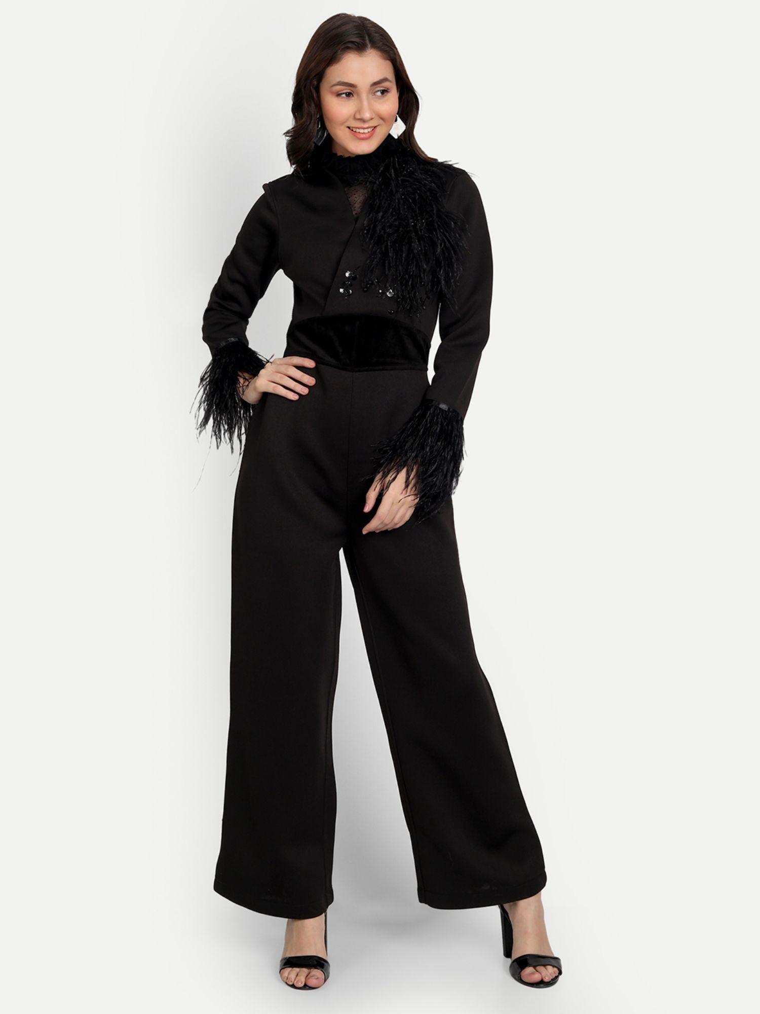 bae black embellished scuba wide leg jumpsuit