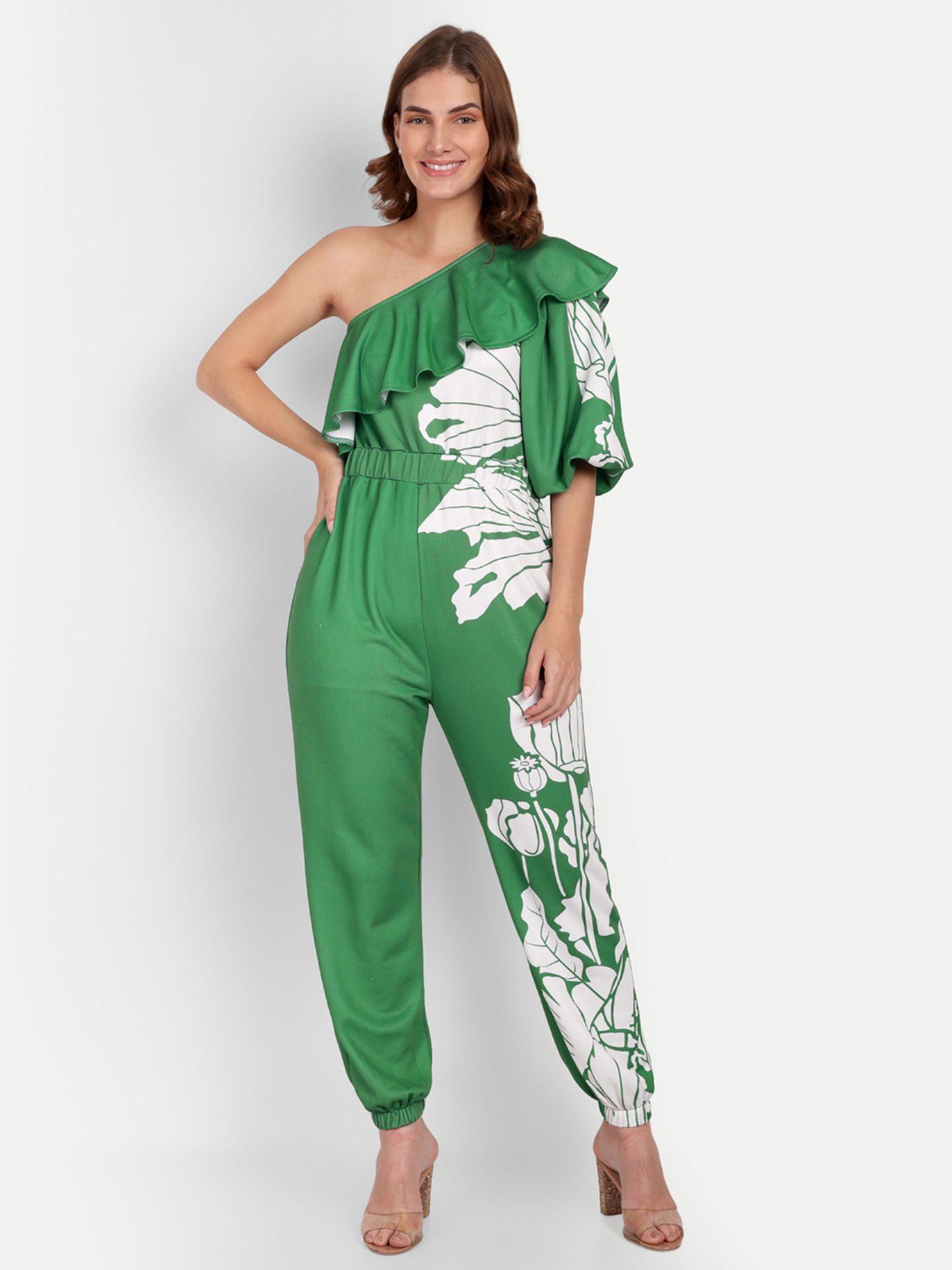 bae green floral print one shoulder ruffle design jumpsuit