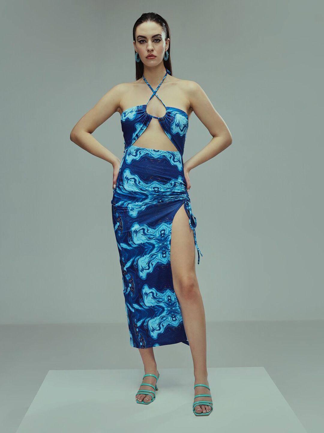 baesd abstract printed shoulder straps midi sheath casual dress