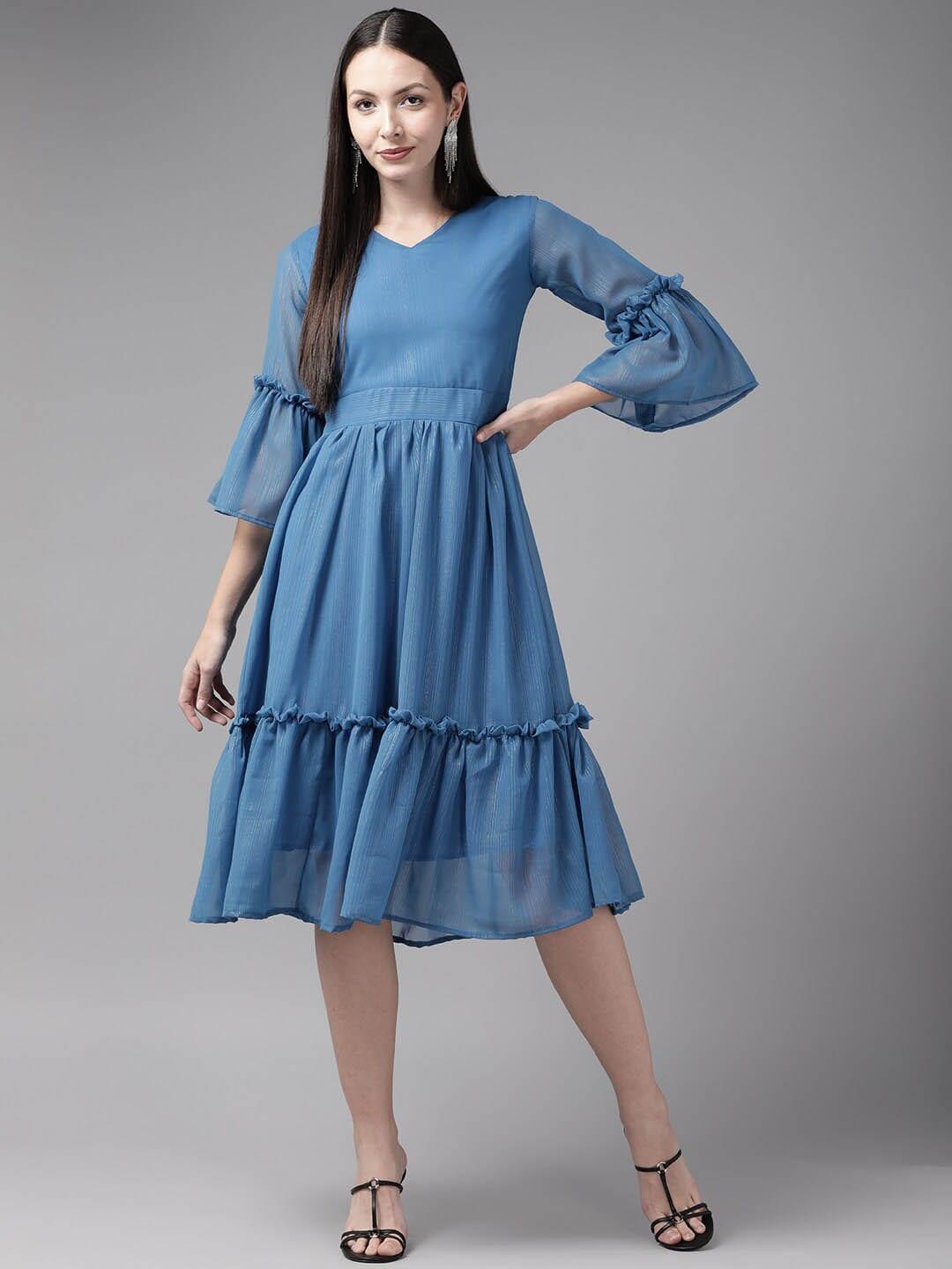baesd blue bell sleeve georgette a-line dress