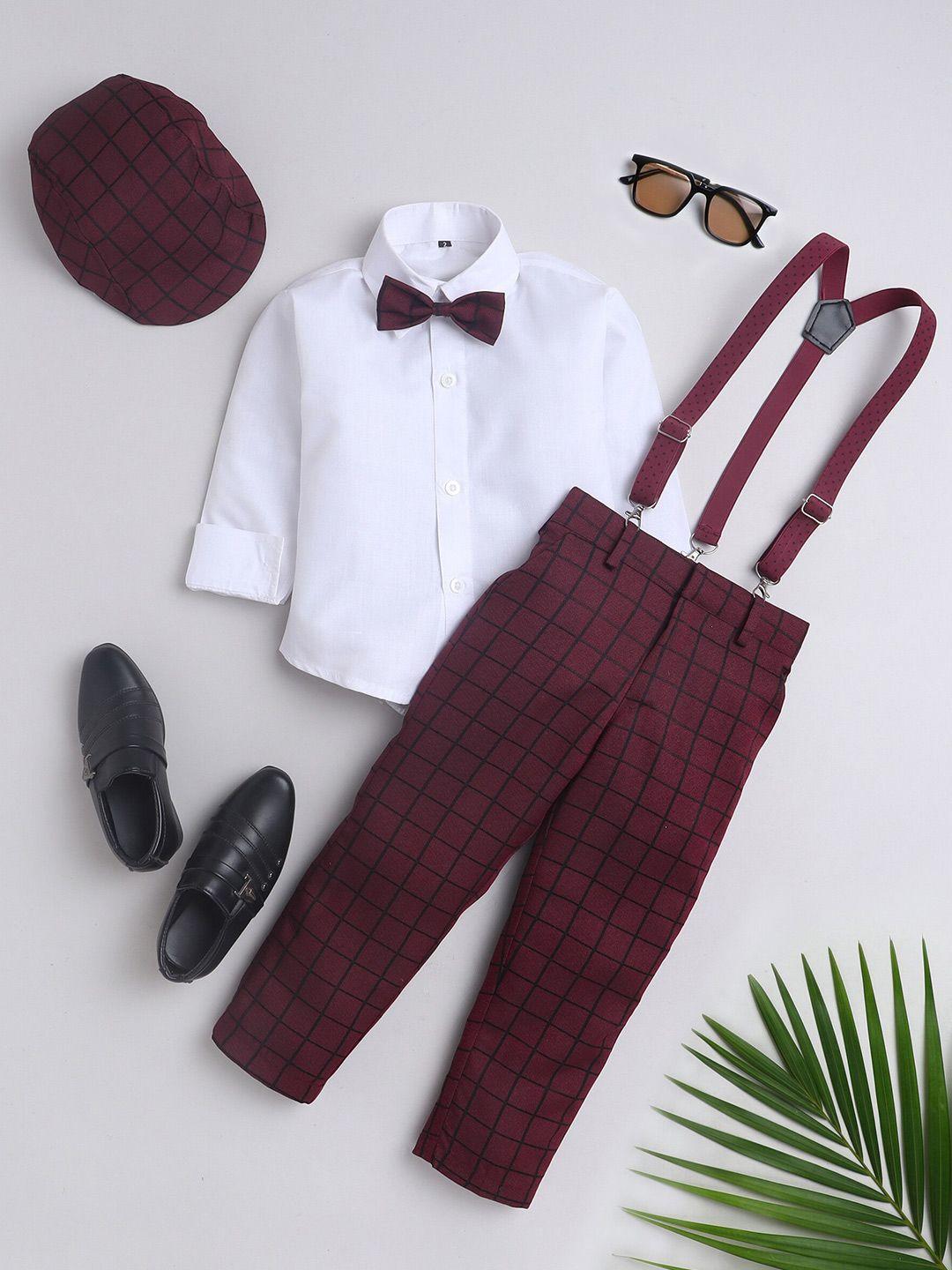 baesd boys checked long sleeves shirt with trousers cap bow & suspenders