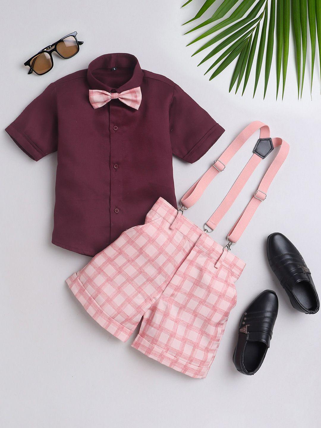 baesd boys checked short sleeves shirt with shorts bow & suspenders