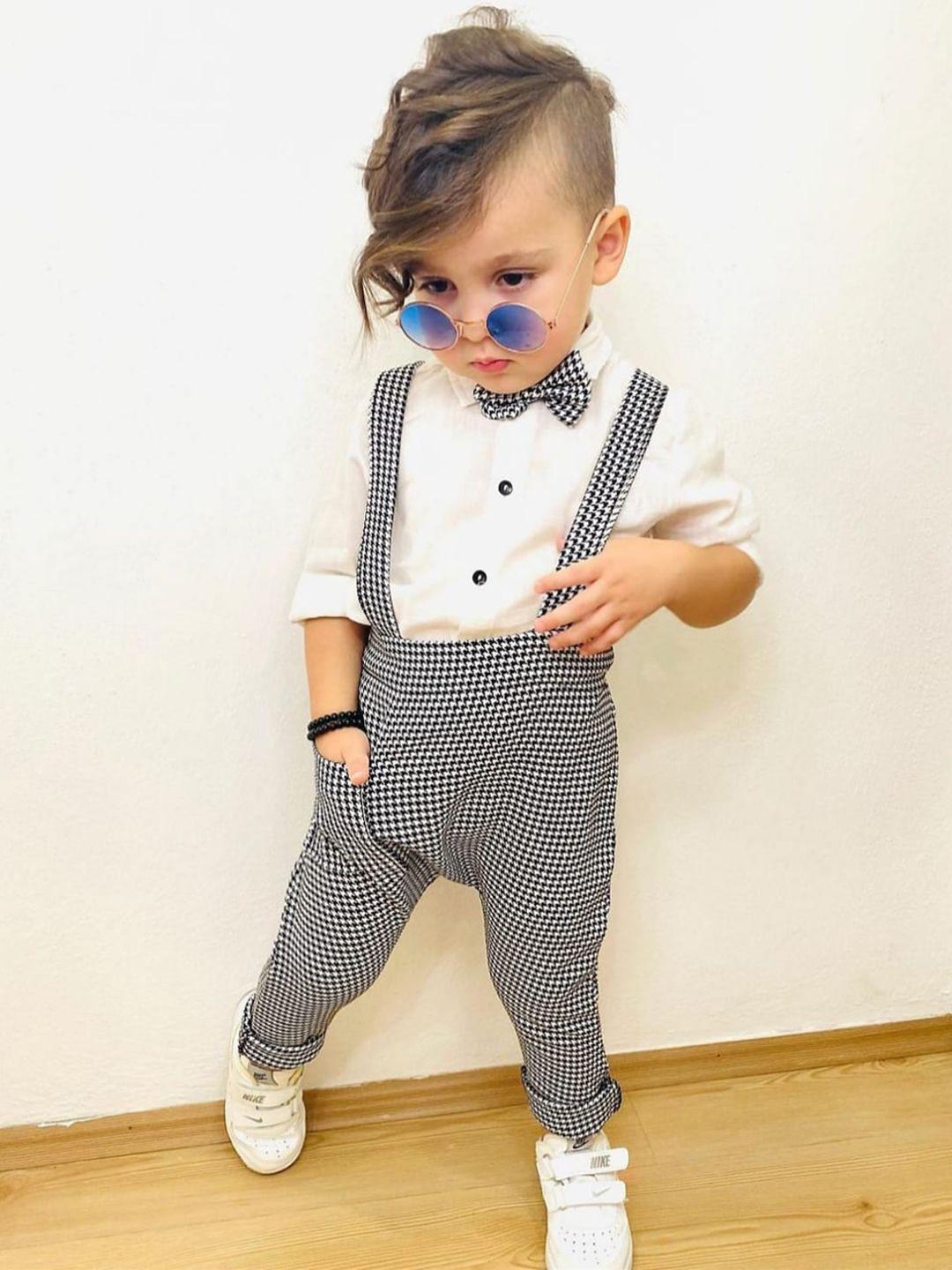 baesd boys checked slim fit dungaree with shirt and bow tie