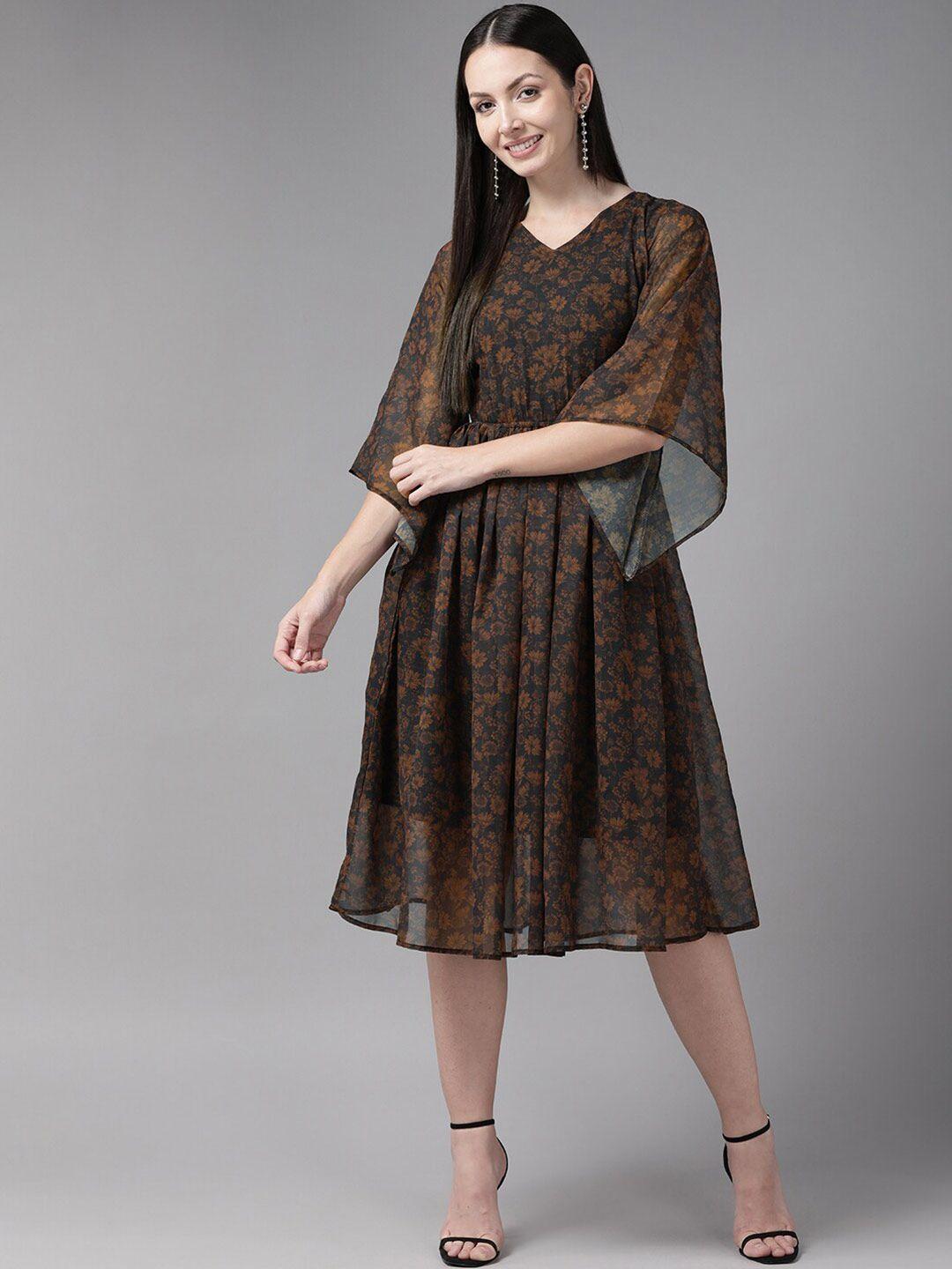 baesd brown ethnic motifs print georgette fit & flare midi dress