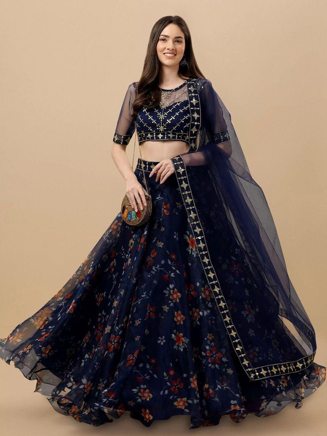 baesd embroidered thread work semi-stitched lehenga & unstitched blouse with dupatta