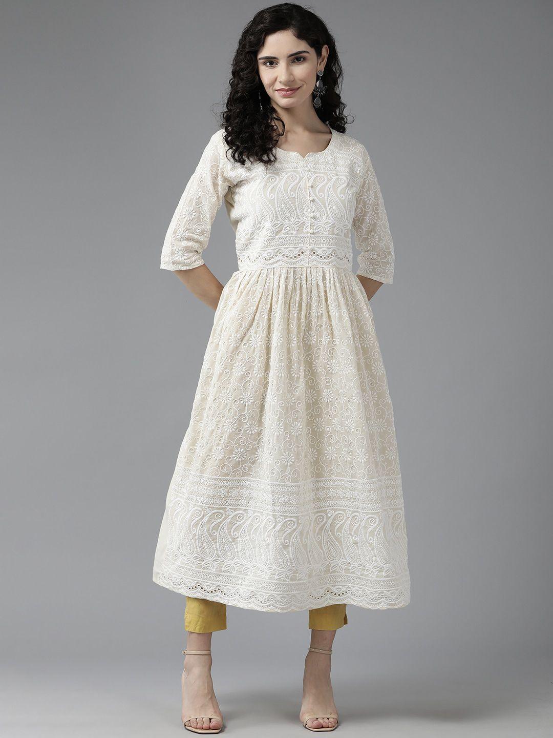 baesd ethnic motifs embroidered chikankari white romance cotton a-line kurta