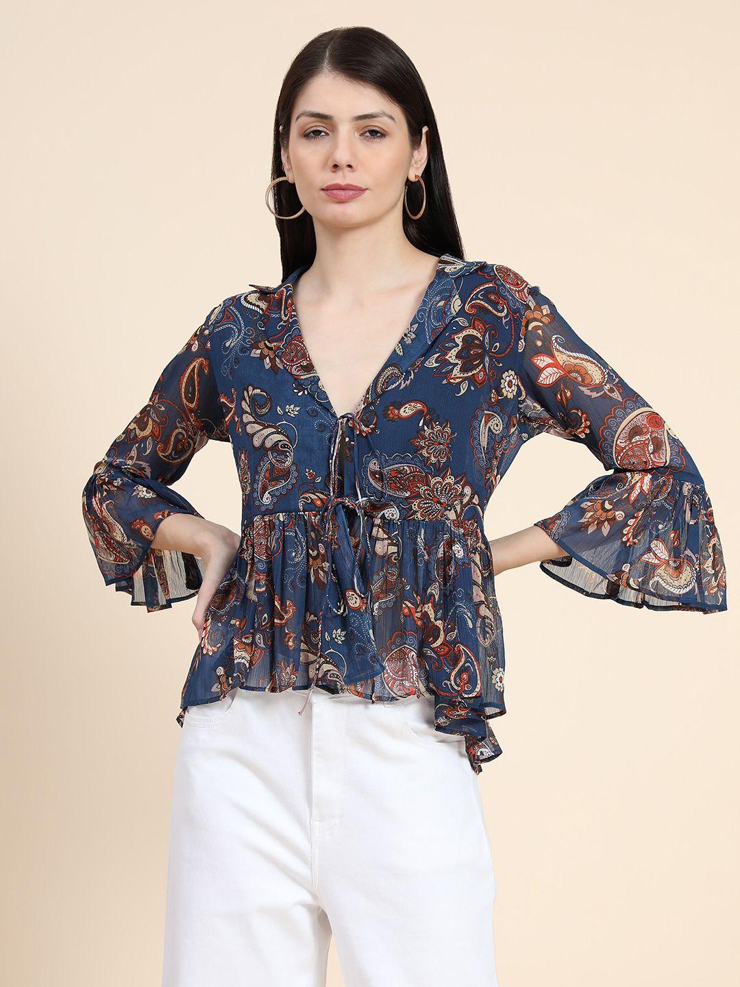 baesd ethnic motifs printed shirt collar bell sleeves georgette cinched waist top