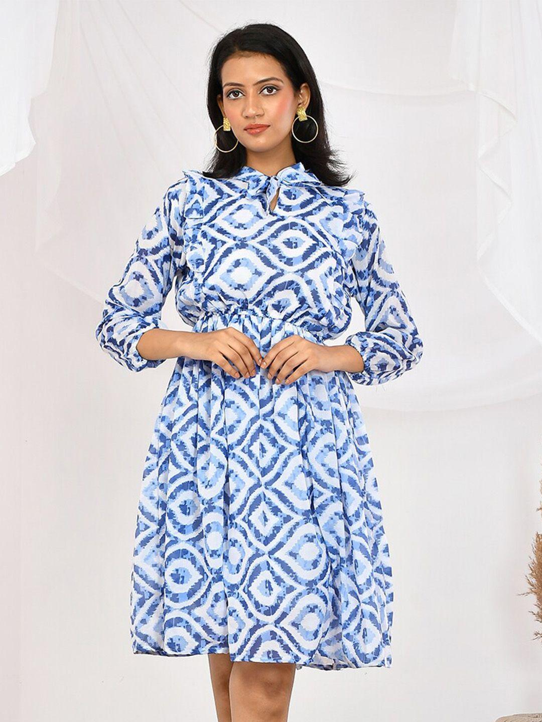 baesd ethnic motifs printed tie-up neck puff sleeves cotton fit & flare dress