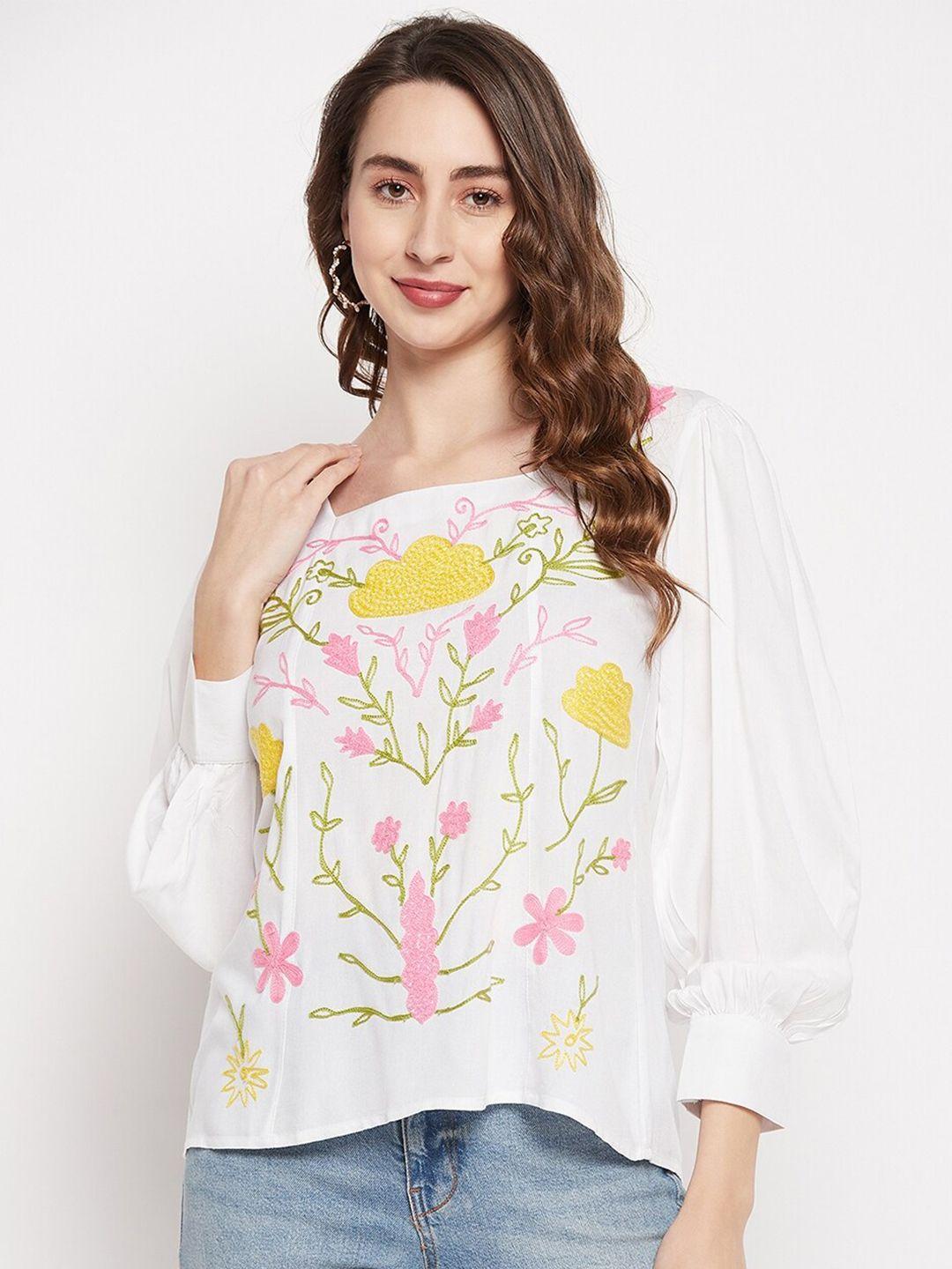 baesd floral embroidered square neck cuffed sleeves top