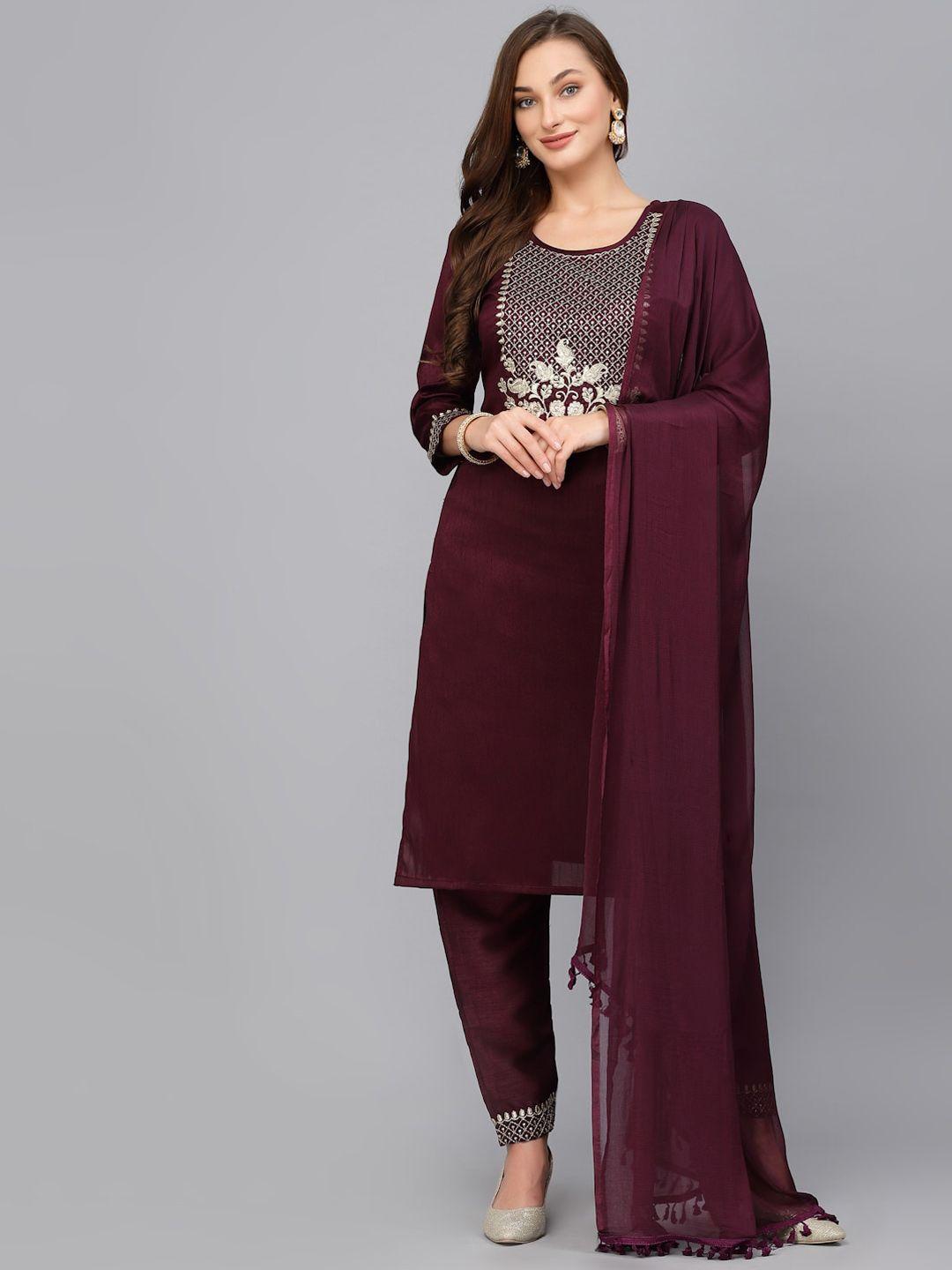 baesd floral embroidered straight round neck kurta with trousers & dupatta
