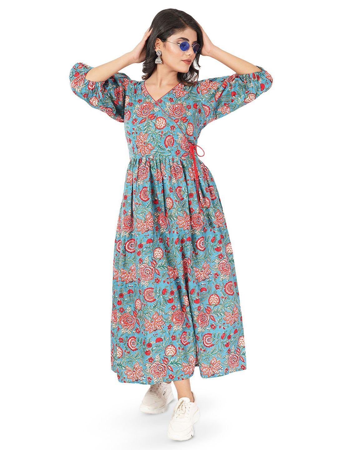 baesd floral print v-neck puff sleeve gathered fit & flare cotton casual midi dress