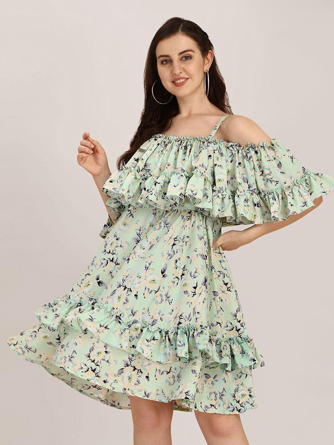 baesd floral printed cold-shoulder sleeves ruffled crepe a-line dress