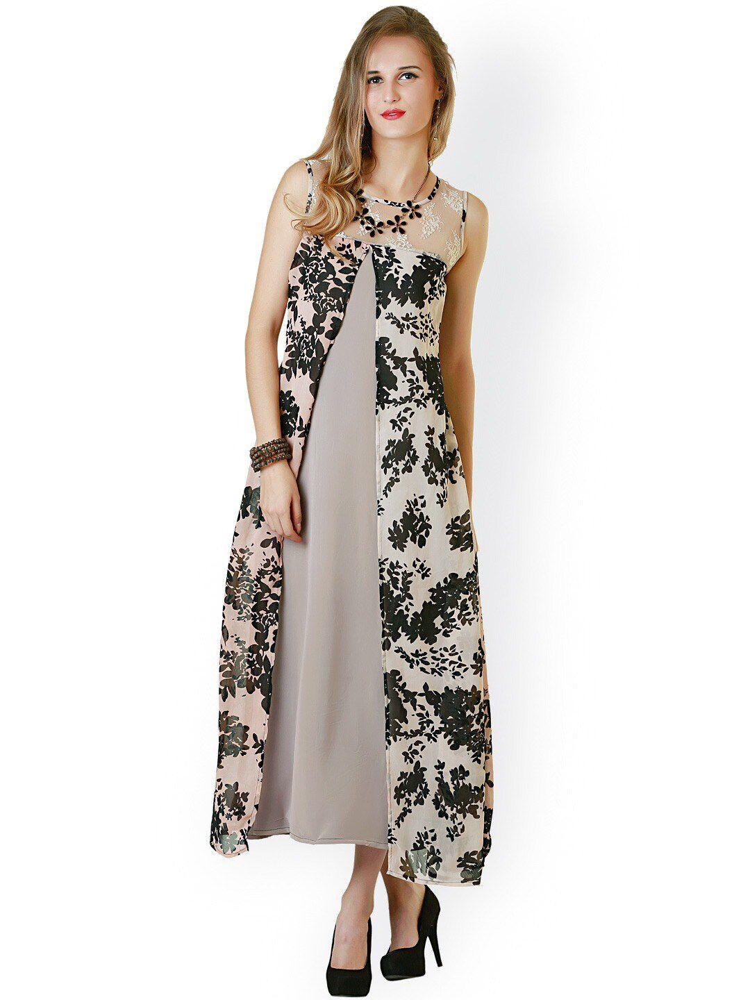 baesd floral printed lace inserts georgette a-line maxi dress