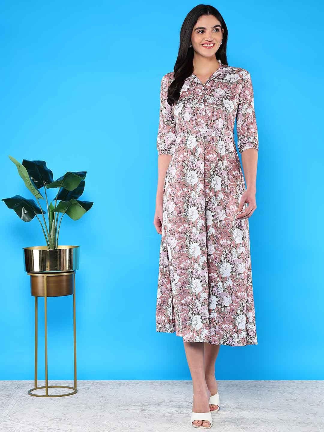 baesd floral printed lapel collar puff sleeves cotton fit & flare midi dress with belt