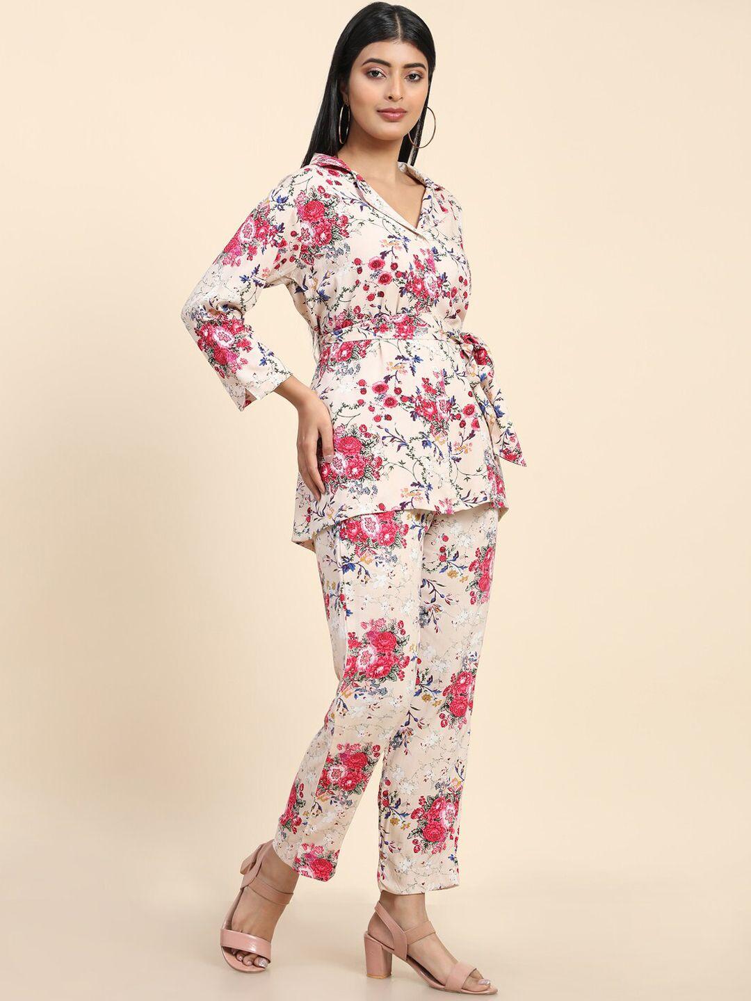 baesd floral printed lapel collar top & boot-cut wrinkle free trousers pant co-ord set