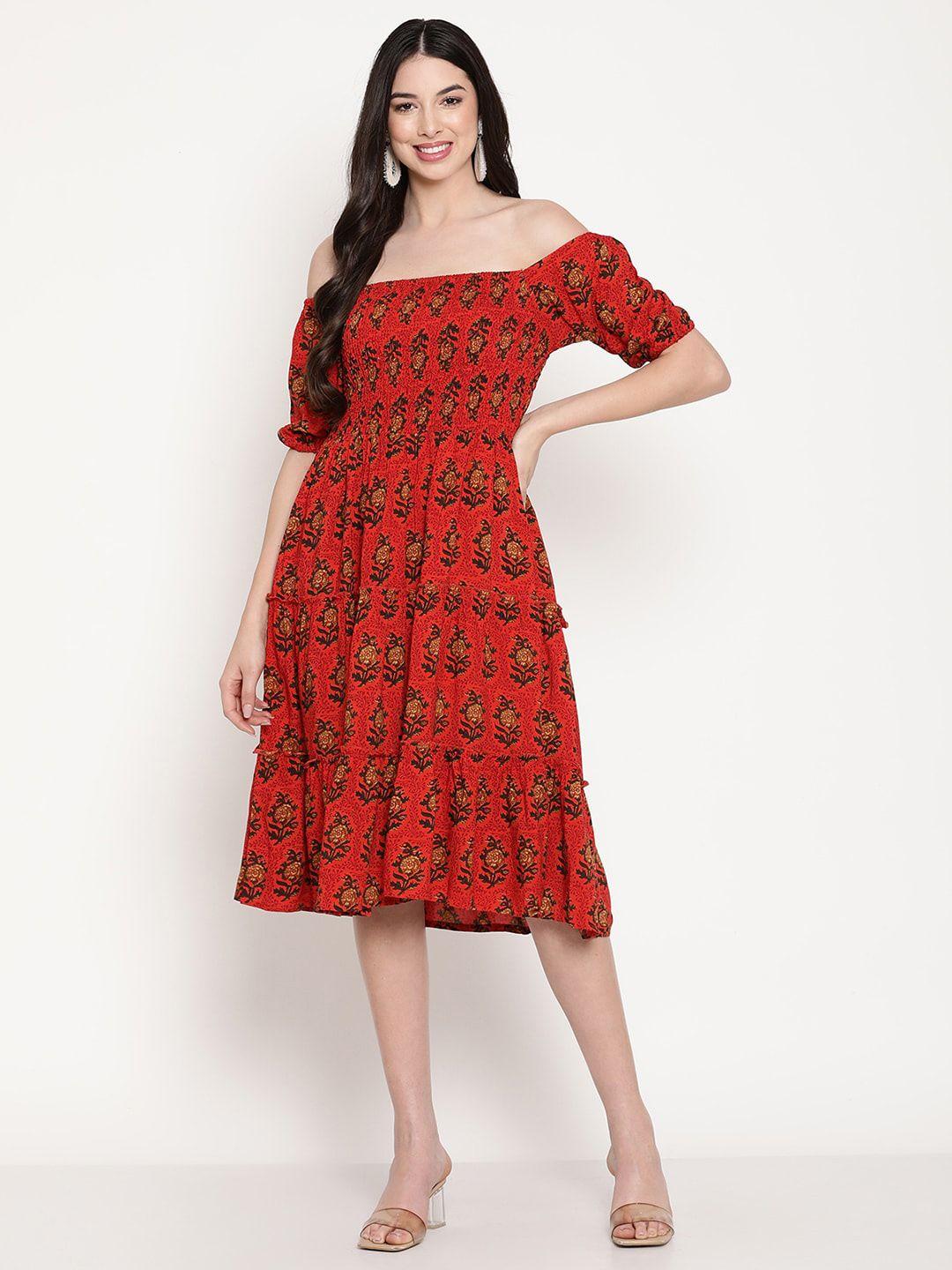 baesd floral printed off-shoulder puff sleeve fit & flare midi dress