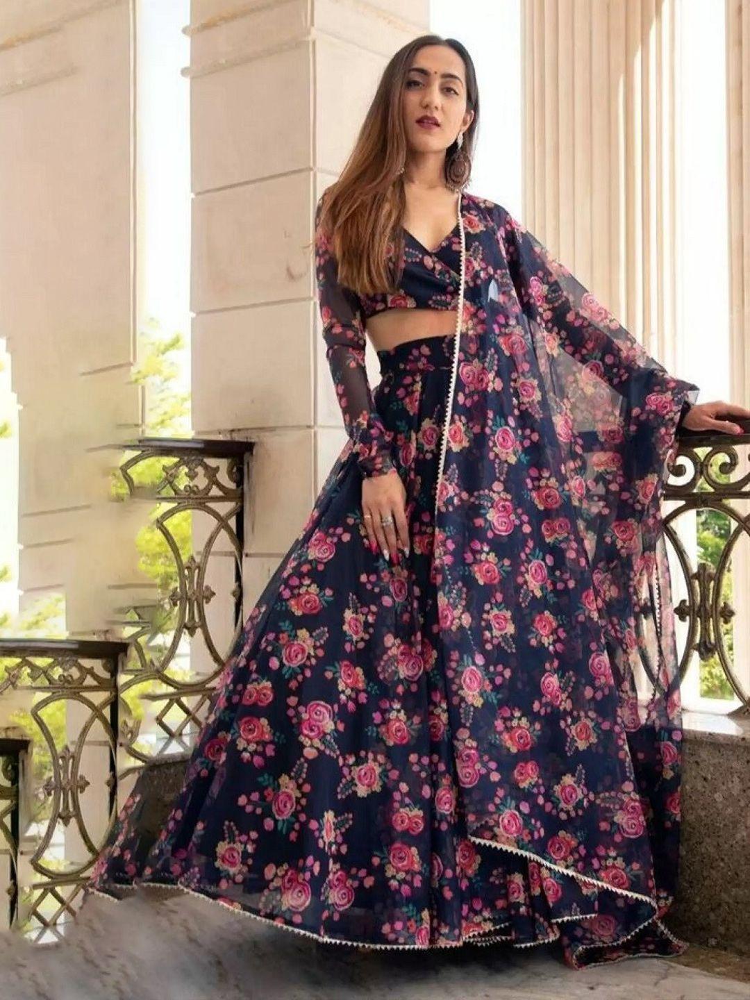 baesd floral printed semi-stitched lehenga & unstitched blouse with dupatta