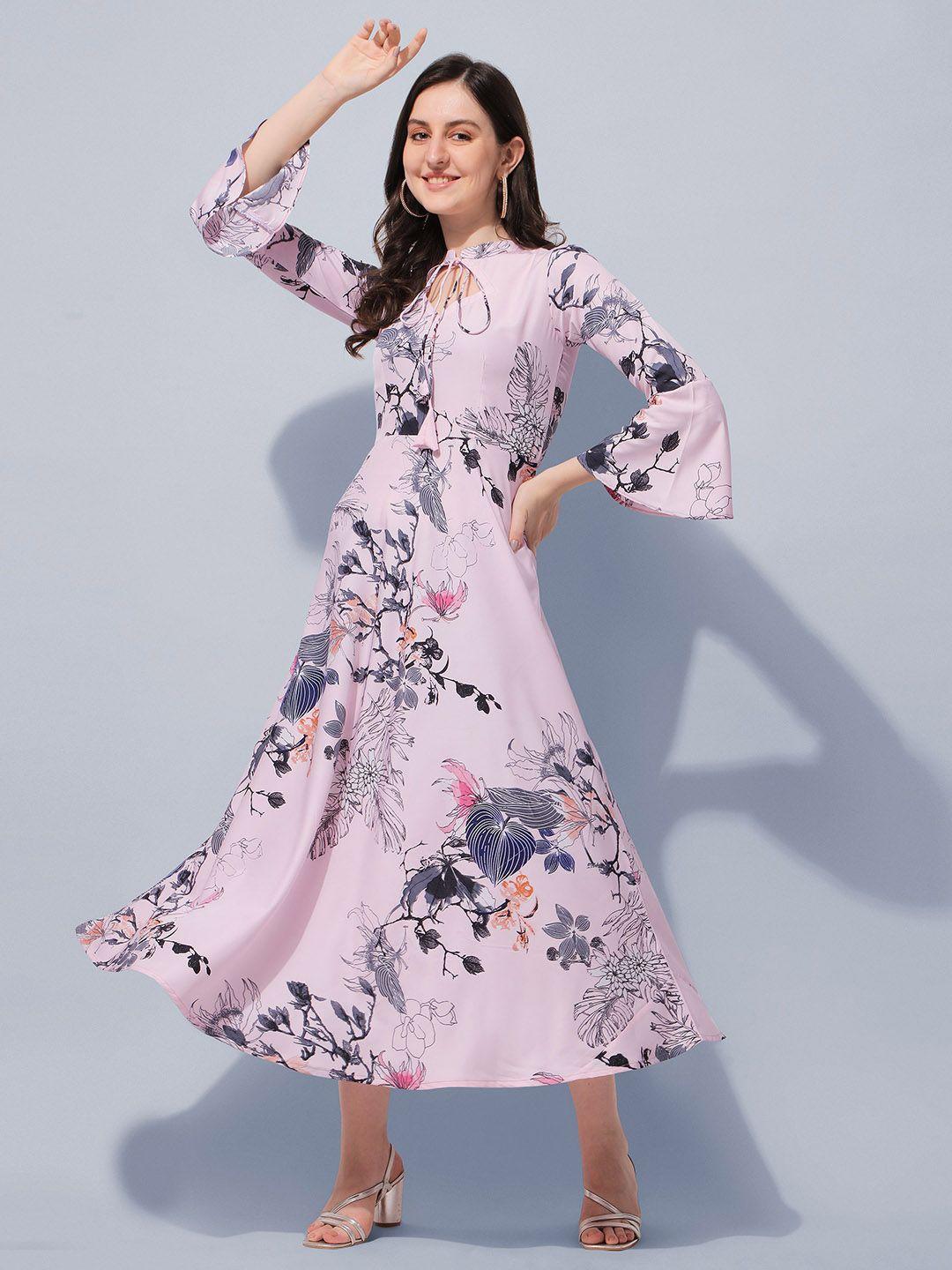 baesd floral printed tie-up neck bell sleeves a-line midi dress