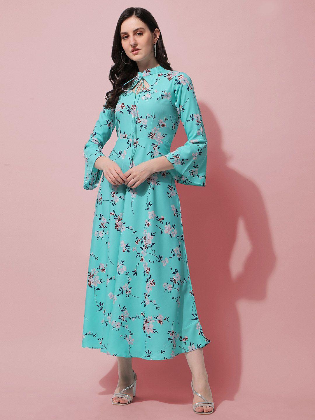 baesd floral printed tie-up neck bell sleeves a-line midi dress